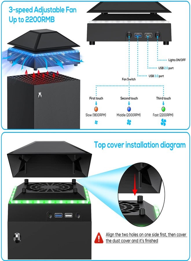 FASTSNAIL Cooling Fan Dust Cover for Xbox Series X Console, Cooling System with RGB Light, 3.0&2.0 USB Port, Dust Proof Filter, Low Noise Top Fan with 3 Gears, Rubber Dust Plugs, Series X Accessories - Image 4