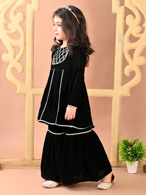 superminis Girls Velvet Gotta Work Kurti with Elasticated Waistband Sharara Set (2-3 Years, Black) - Image 2