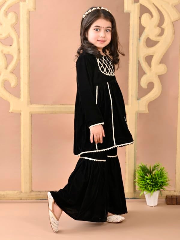 superminis Girls Velvet Gotta Work Kurti with Elasticated Waistband Sharara Set (2-3 Years, Black) - Image 3