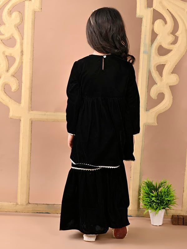 superminis Girls Velvet Gotta Work Kurti with Elasticated Waistband Sharara Set (2-3 Years, Black) - Image 4