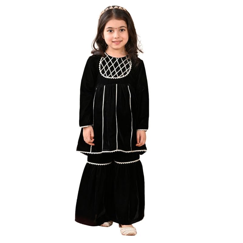 superminis Girls Velvet Gotta Work Kurti with Elasticated Waistband Sharara Set (2-3 Years, Black) - Image 1