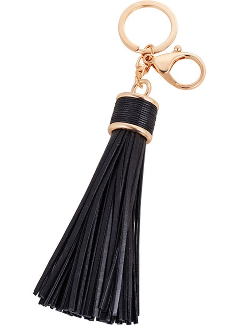 ZOONAI Women Leather Tassels Keychain Car Circle Key Rings Gift Bag Hanging Buckle (Black) - Image 1