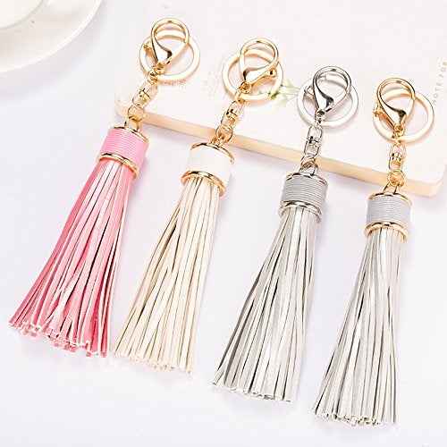 ZOONAI Women Leather Tassels Keychain Car Circle Key Rings Gift Bag Hanging Buckle (Black) - Image 5