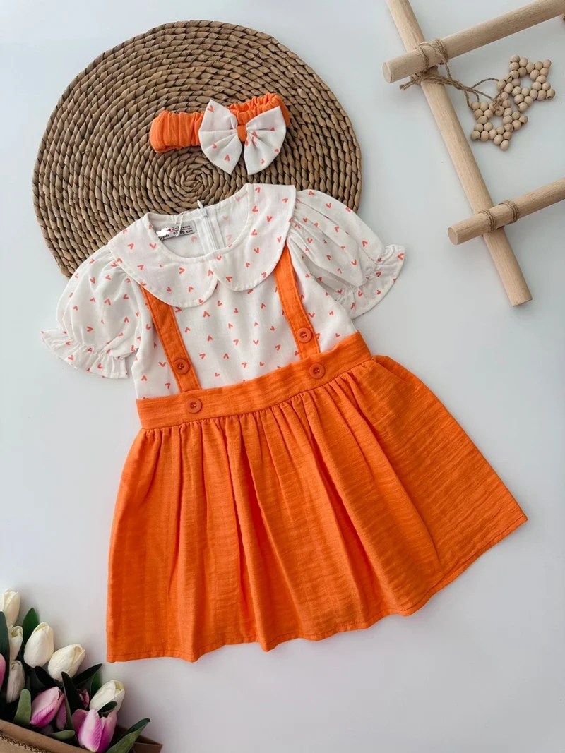 مينيمن جيجيليري My Little One's Cici Heart Printed Muslin Girl Dress and Bandana - Orange
