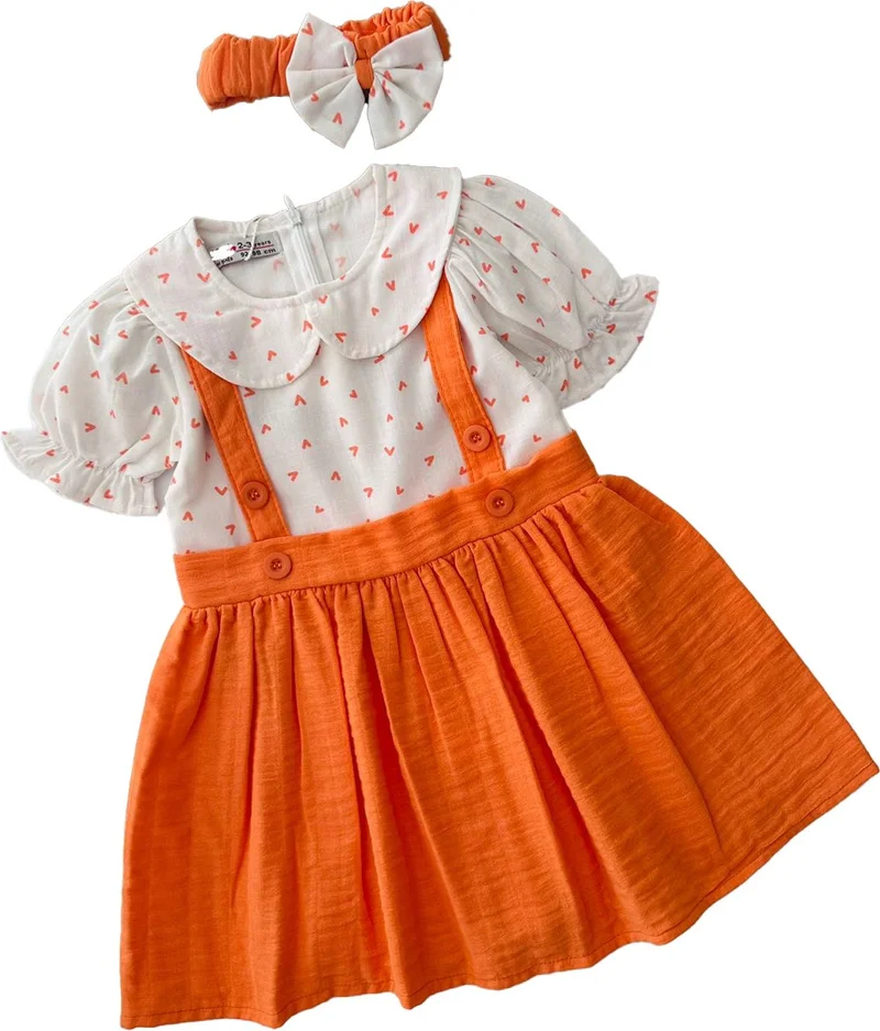 مينيمن جيجيليري My Little One's Cici Heart Printed Muslin Girl Dress and Bandana - Orange