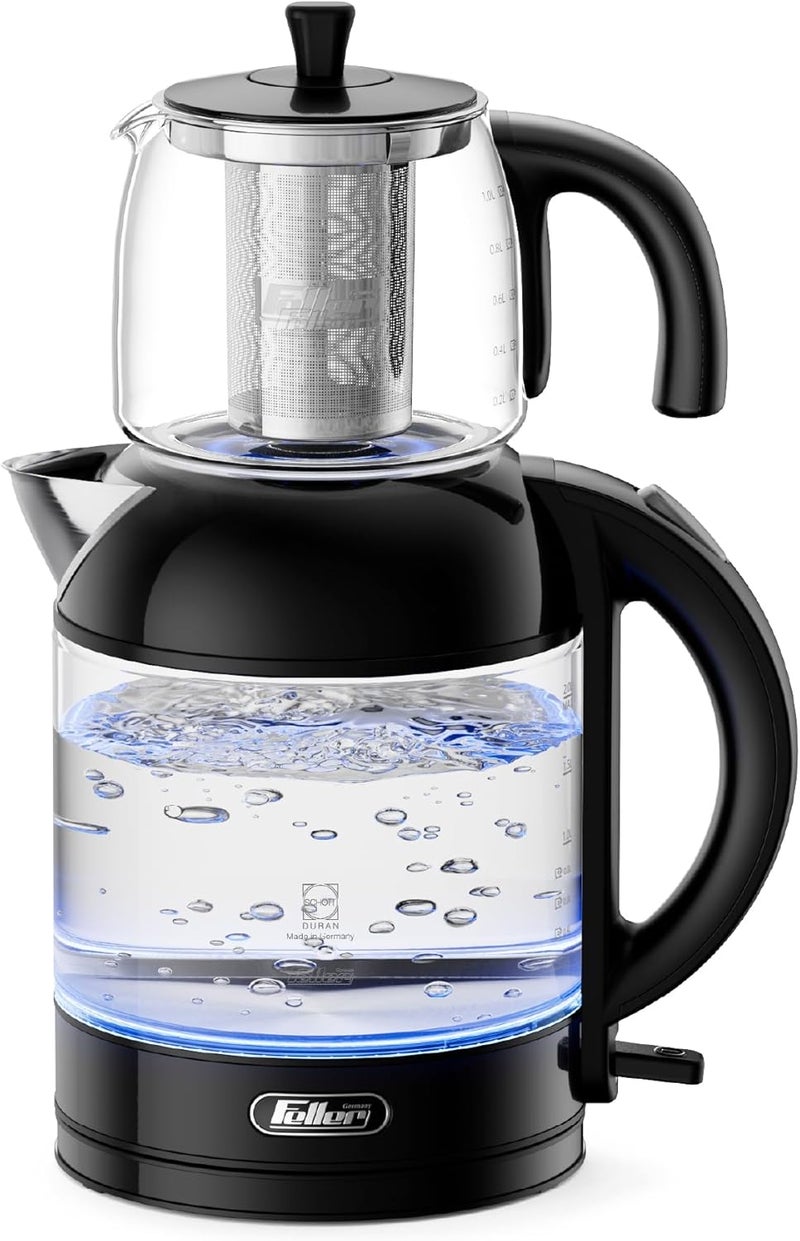 Feller Germany TS289 2-in-1 Tea Maker, 2L German Schott Glass Kettle + 1L Teapot, 2200W Strix Control, Keep Warm, BPA Free, Stainless Steel Filter (Black) - 2Y Guarantee-KSA Version - Image 1