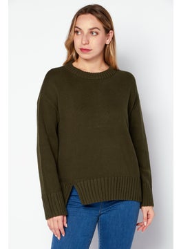 Women Round Neck Knitted Sweater, Olive