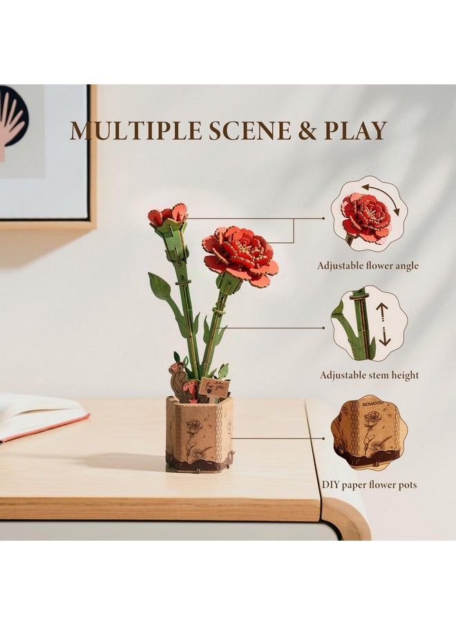 Robotime 3D Puzzles Wooden Artifical Flower Red Carnation Diy Model Building Kit To Build For Adults Bouquet Botanical Collection Craft Brain Teaser Puzzle Creative Gift Home Decor  - Image 4