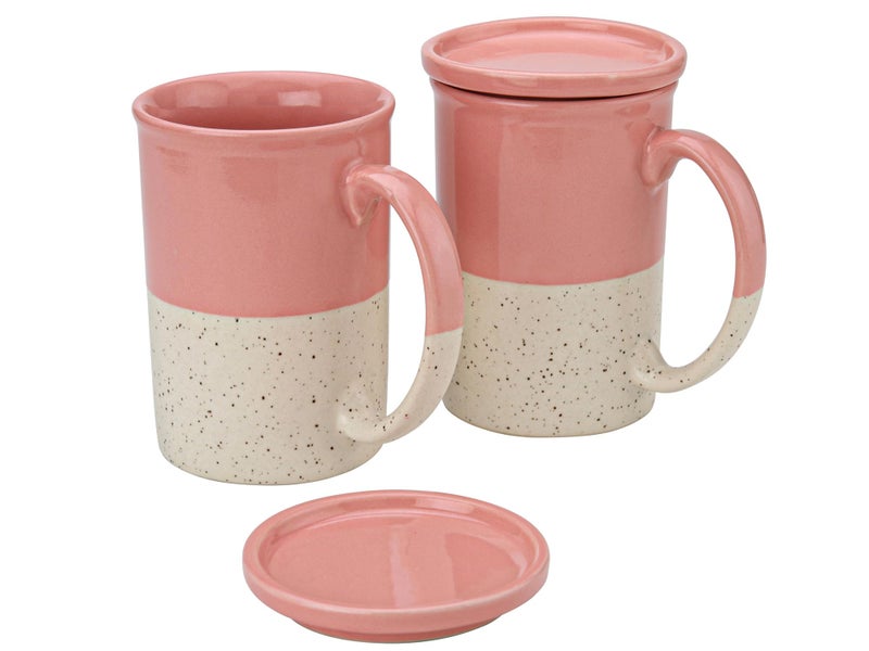 Bodhi House Ceramic Hand Glazed Tea and Coffee Mug with Coaster - 300ml | Set of 2 | Microwave & Dishwasher Safe | for Home Office - Pink - Image 2