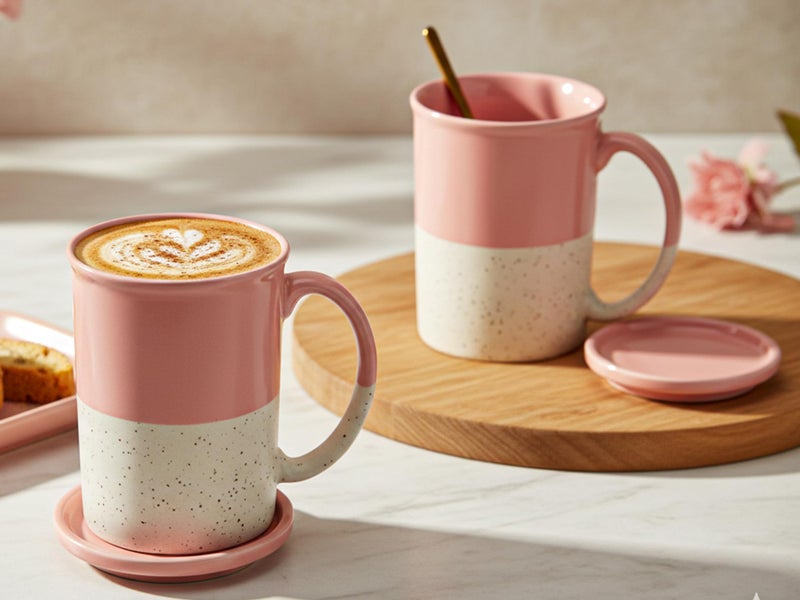 Bodhi House Ceramic Hand Glazed Tea and Coffee Mug with Coaster - 300ml | Set of 2 | Microwave & Dishwasher Safe | for Home Office - Pink - Image 1
