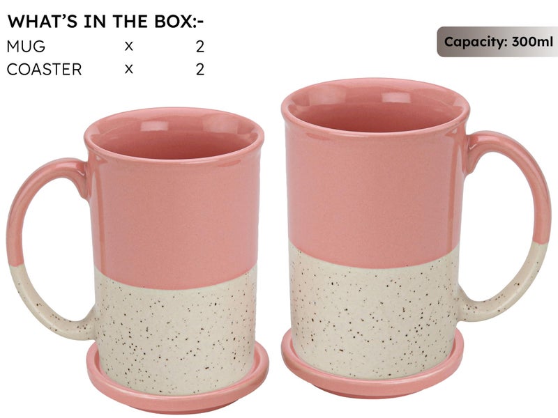 Bodhi House Ceramic Hand Glazed Tea and Coffee Mug with Coaster - 300ml | Set of 2 | Microwave & Dishwasher Safe | for Home Office - Pink - Image 3