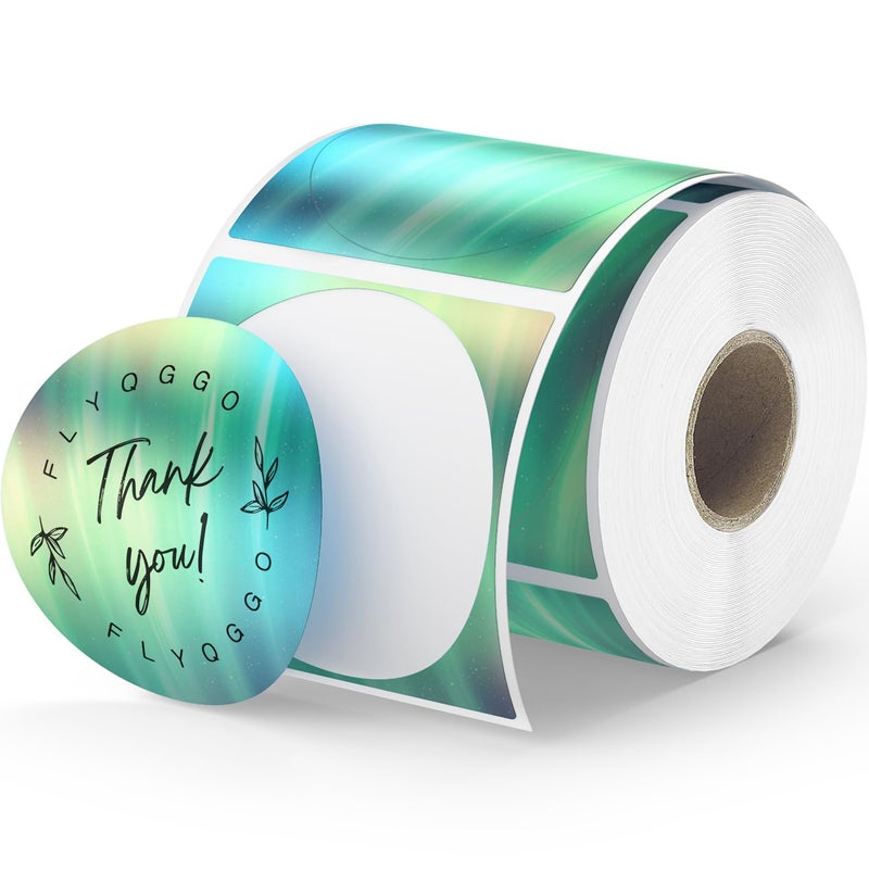 FLYQGGO 2" Holographic Thermal Sticker Labels, 500 Pcs Round Printable Thermal Waterproof Sticker Rainbow Glitter for Logo Design, Price/Name Tag, Barcode, DIY Custom, Aurora Light Green, 500 Labels/Roll - Image 1