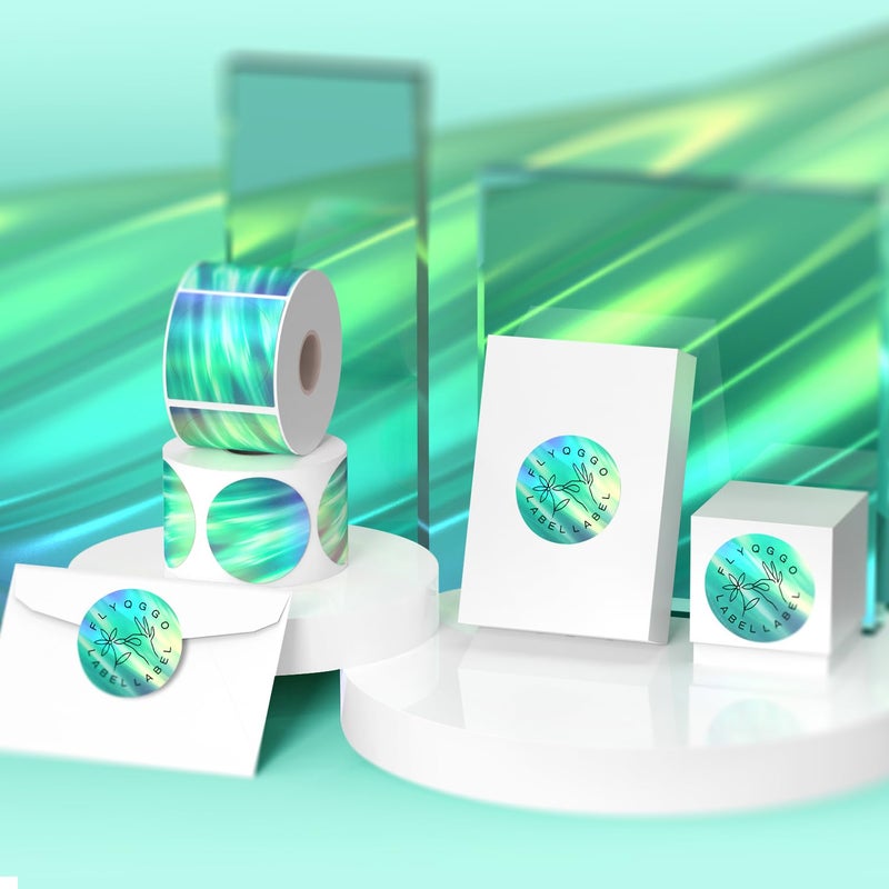 FLYQGGO 2" Holographic Thermal Sticker Labels, 500 Pcs Round Printable Thermal Waterproof Sticker Rainbow Glitter for Logo Design, Price/Name Tag, Barcode, DIY Custom, Aurora Light Green, 500 Labels/Roll - Image 2