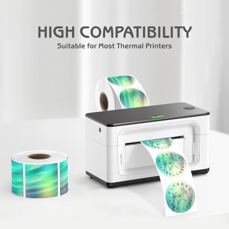 FLYQGGO 2" Holographic Thermal Sticker Labels, 500 Pcs Round Printable Thermal Waterproof Sticker Rainbow Glitter for Logo Design, Price/Name Tag, Barcode, DIY Custom, Aurora Light Green, 500 Labels/Roll - Image 3