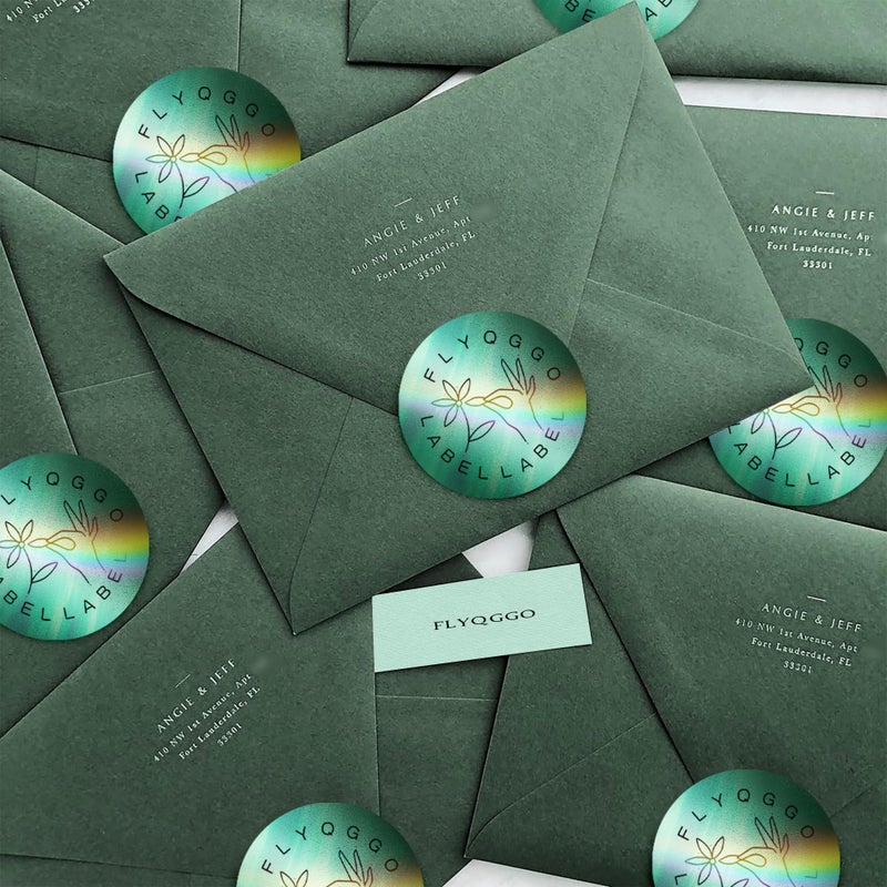 FLYQGGO 2" Holographic Thermal Sticker Labels, 500 Pcs Round Printable Thermal Waterproof Sticker Rainbow Glitter for Logo Design, Price/Name Tag, Barcode, DIY Custom, Aurora Light Green, 500 Labels/Roll - Image 4
