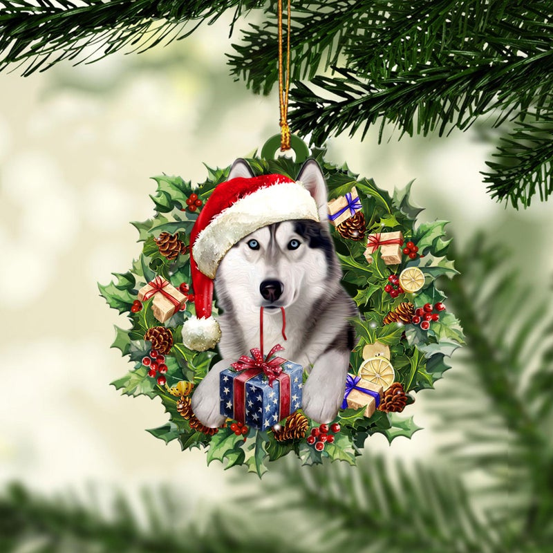 Talataca Siberian Husky Wearing Christmas Hat Wreath 2D Flat Car Rear View Mirror Accessories Christmas Tree Ornament Decoration Hanging Charm Interior Rearview Pendant Decor Gift - Image 1