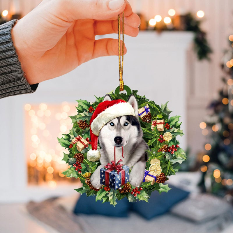 Talataca Siberian Husky Wearing Christmas Hat Wreath 2D Flat Car Rear View Mirror Accessories Christmas Tree Ornament Decoration Hanging Charm Interior Rearview Pendant Decor Gift - Image 3