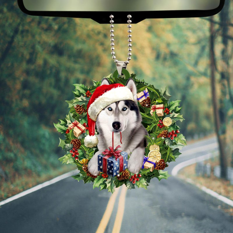 Talataca Siberian Husky Wearing Christmas Hat Wreath 2D Flat Car Rear View Mirror Accessories Christmas Tree Ornament Decoration Hanging Charm Interior Rearview Pendant Decor Gift - Image 5