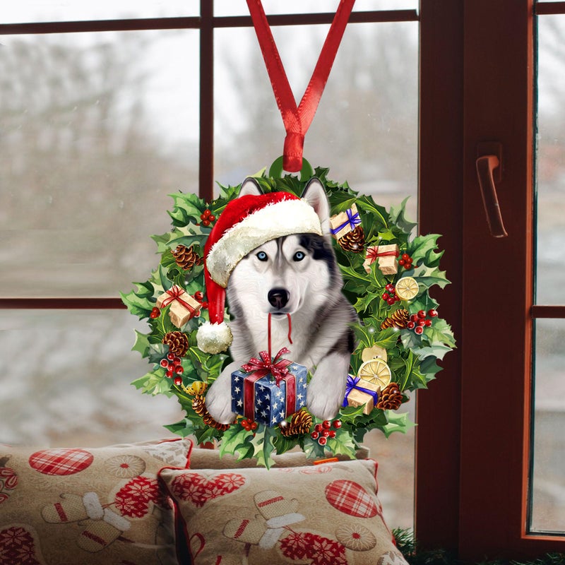 Talataca Siberian Husky Wearing Christmas Hat Wreath 2D Flat Car Rear View Mirror Accessories Christmas Tree Ornament Decoration Hanging Charm Interior Rearview Pendant Decor Gift - Image 4