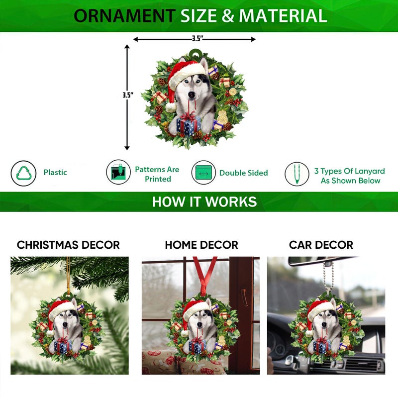 Talataca Siberian Husky Wearing Christmas Hat Wreath 2D Flat Car Rear View Mirror Accessories Christmas Tree Ornament Decoration Hanging Charm Interior Rearview Pendant Decor Gift - Image 2