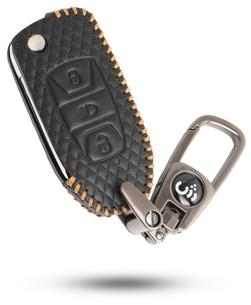SHOPOFLUX® Leather key cover Compatible with Tata Tiago | Nexon | Altroz | Curvv | Safari | Storme | Zest | Bolt | Tigor | Punch | Hexa 3 Button Flip Key (Black) - Image 1