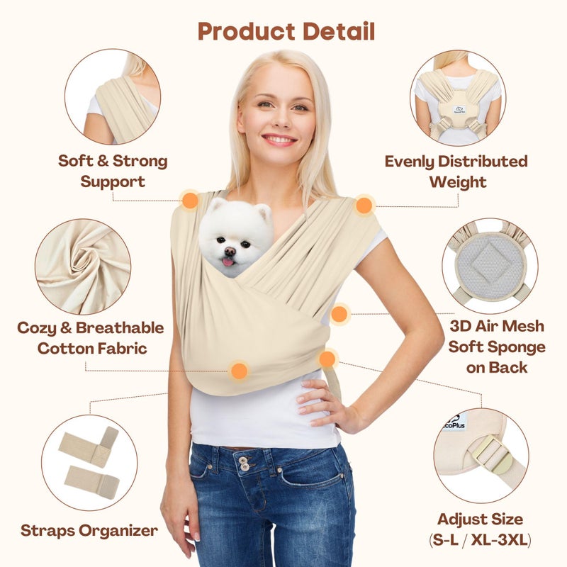AnccoPlus Dog Carriers for Small Dogs, Front Facing Dog Sling Carrier, Hands Free Cat Carrier, Size Adjustable, Reducing Back Pain, Premium Cotton, Safe and Soft Dog Carrier (Regular, Beige) - Image 5