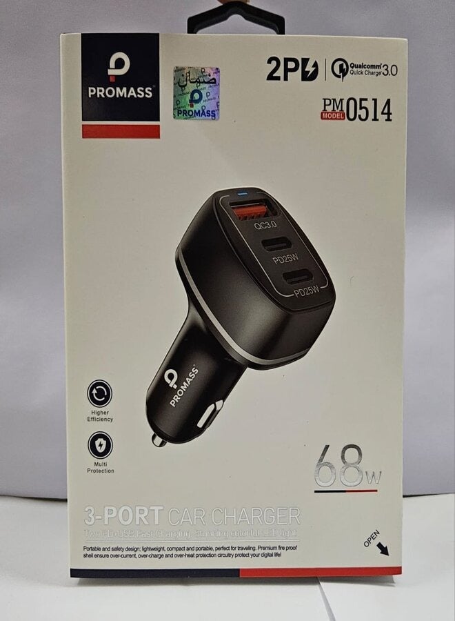 PROMASS 3-Port Car Charger PD 25W+PD25W QC3.0+18W/68W Black Colour - Image 1