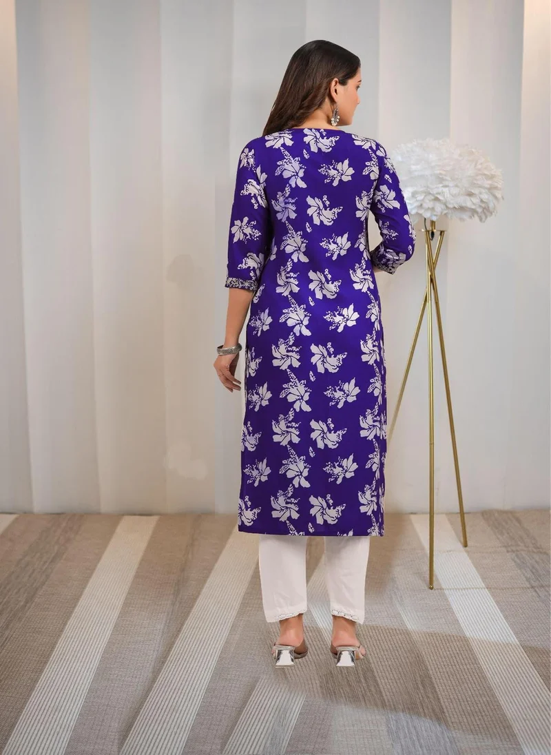 GoSriKi Women's Rayon Blend Embroidered Straight Kurta Violet