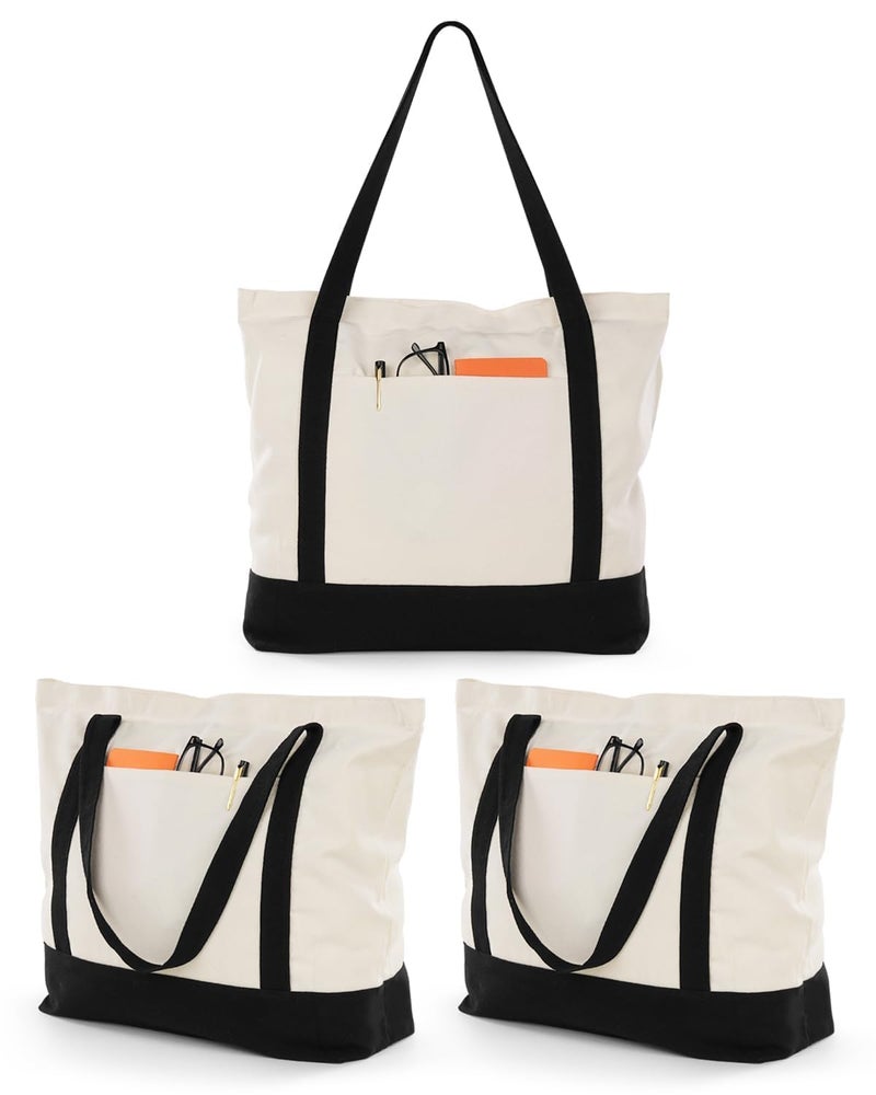 Lzerking Canvas Tote Bag with Zipper for Women, 3 Pack Large Tote Bags with Pocket (Natural Color), Heavy Duty Reusable Grocery Bags for Beach, Shopping, DIY - Image 1