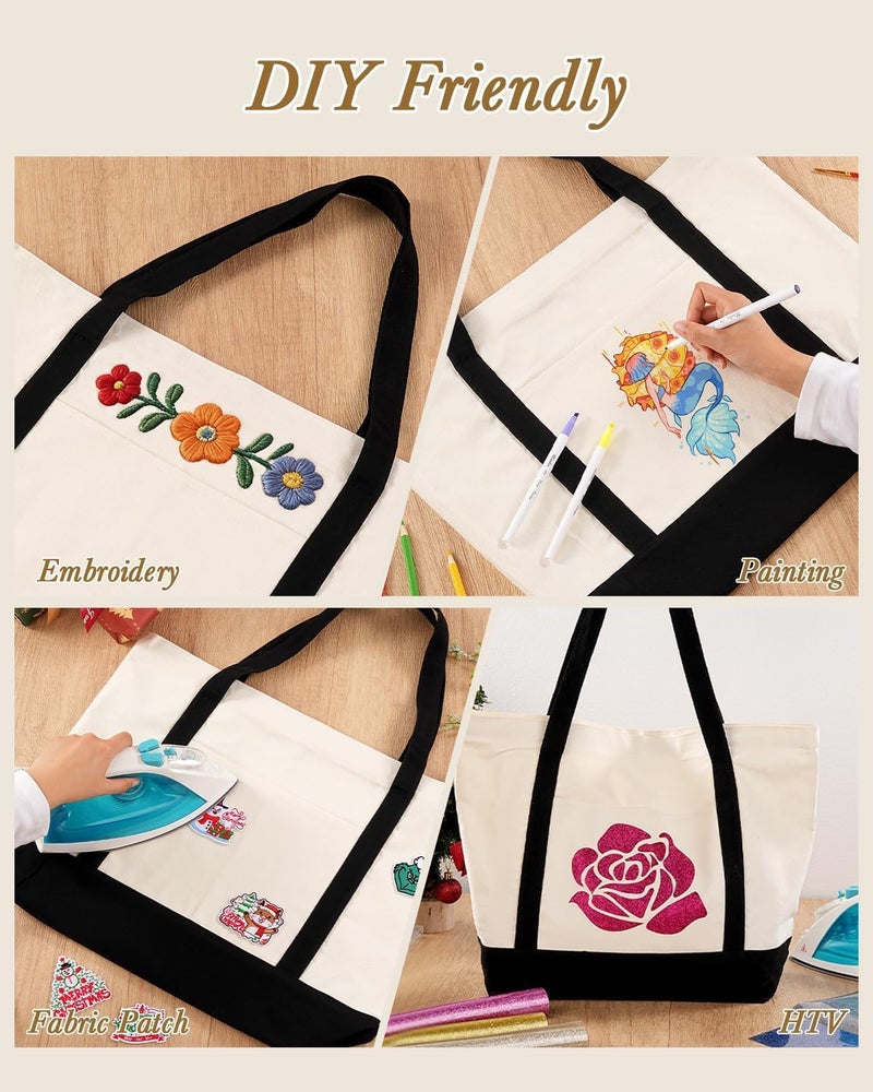 Lzerking Canvas Tote Bag with Zipper for Women, 3 Pack Large Tote Bags with Pocket (Natural Color), Heavy Duty Reusable Grocery Bags for Beach, Shopping, DIY - Image 5