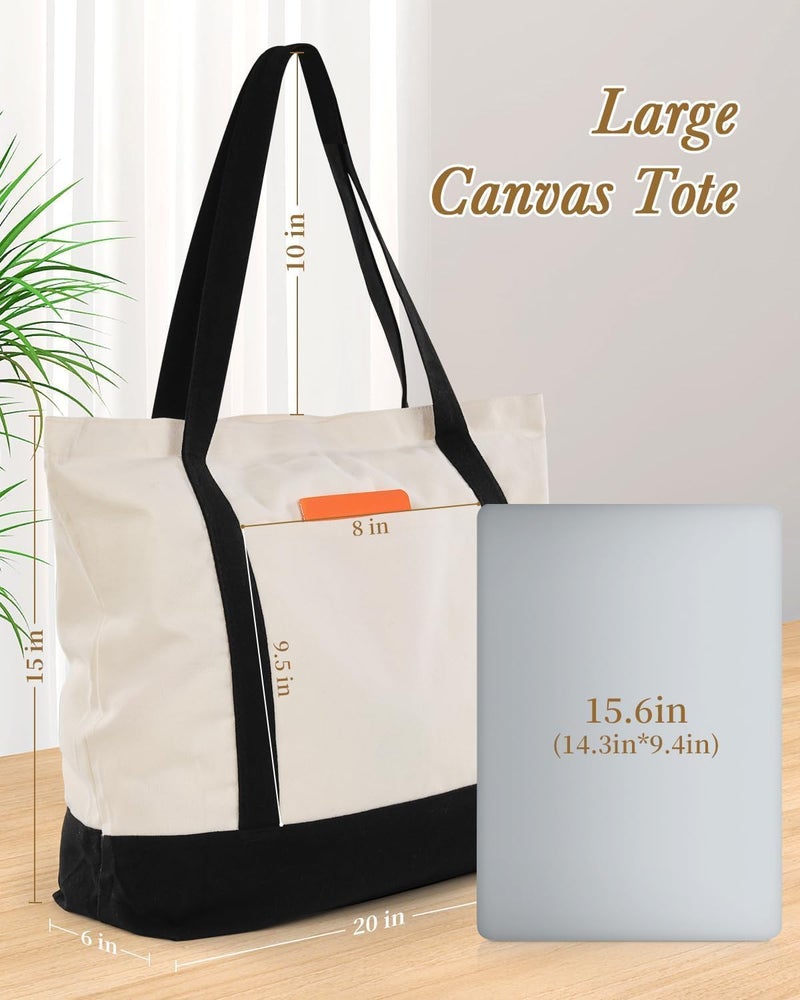 Lzerking Canvas Tote Bag with Zipper for Women, 3 Pack Large Tote Bags with Pocket (Natural Color), Heavy Duty Reusable Grocery Bags for Beach, Shopping, DIY - Image 4
