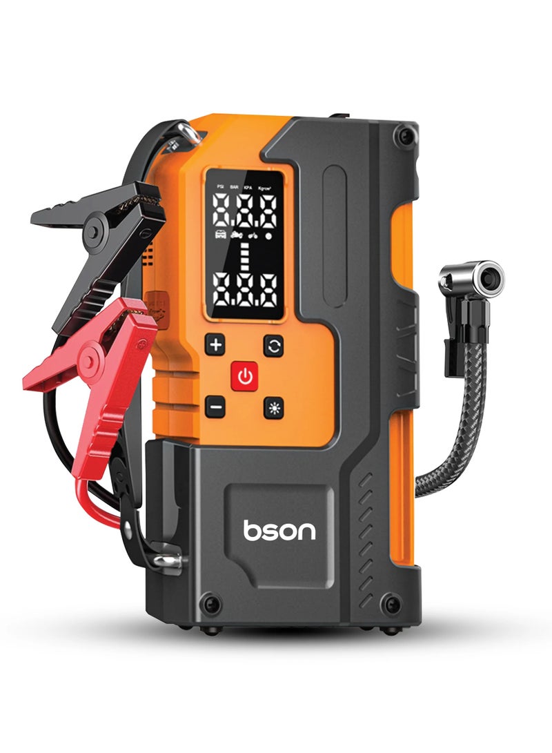 BSON Turbo Jump Starter with Air Inflator – 6-in-1 Portable Car Emergency Kit, 12000mAh Battery, 150 PSI Tire Compressor, Power Bank, LED Flashlight, Smart Safety Clips & Storage – Ideal for Cars, Outdoor, Travel - Image 1