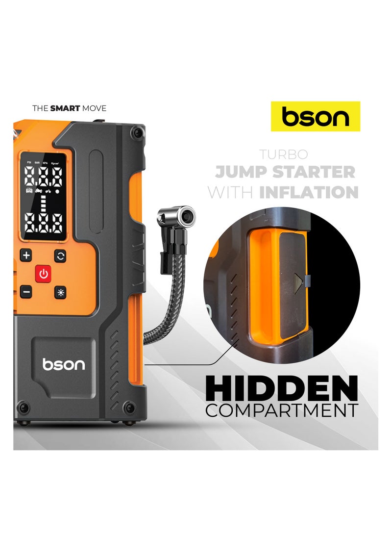 BSON Turbo Jump Starter with Air Inflator – 6-in-1 Portable Car Emergency Kit, 12000mAh Battery, 150 PSI Tire Compressor, Power Bank, LED Flashlight, Smart Safety Clips & Storage – Ideal for Cars, Outdoor, Travel - Image 2