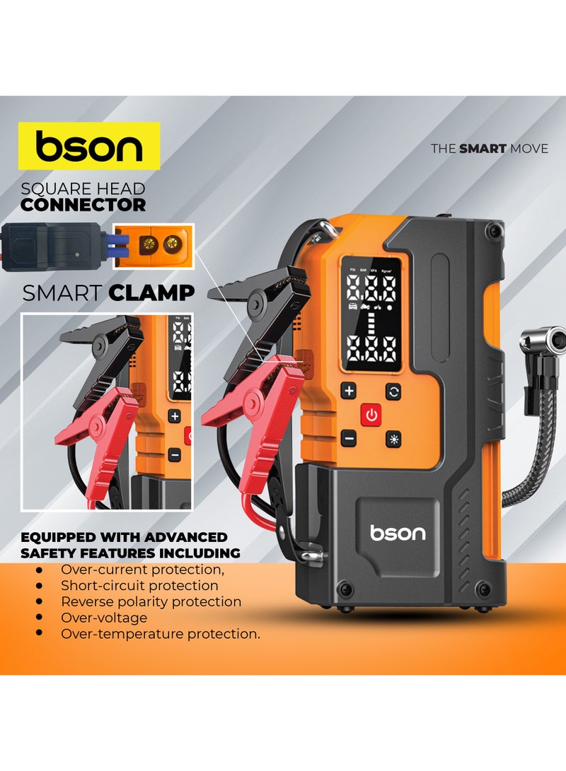 BSON Turbo Jump Starter with Air Inflator – 6-in-1 Portable Car Emergency Kit, 12000mAh Battery, 150 PSI Tire Compressor, Power Bank, LED Flashlight, Smart Safety Clips & Storage – Ideal for Cars, Outdoor, Travel - Image 4
