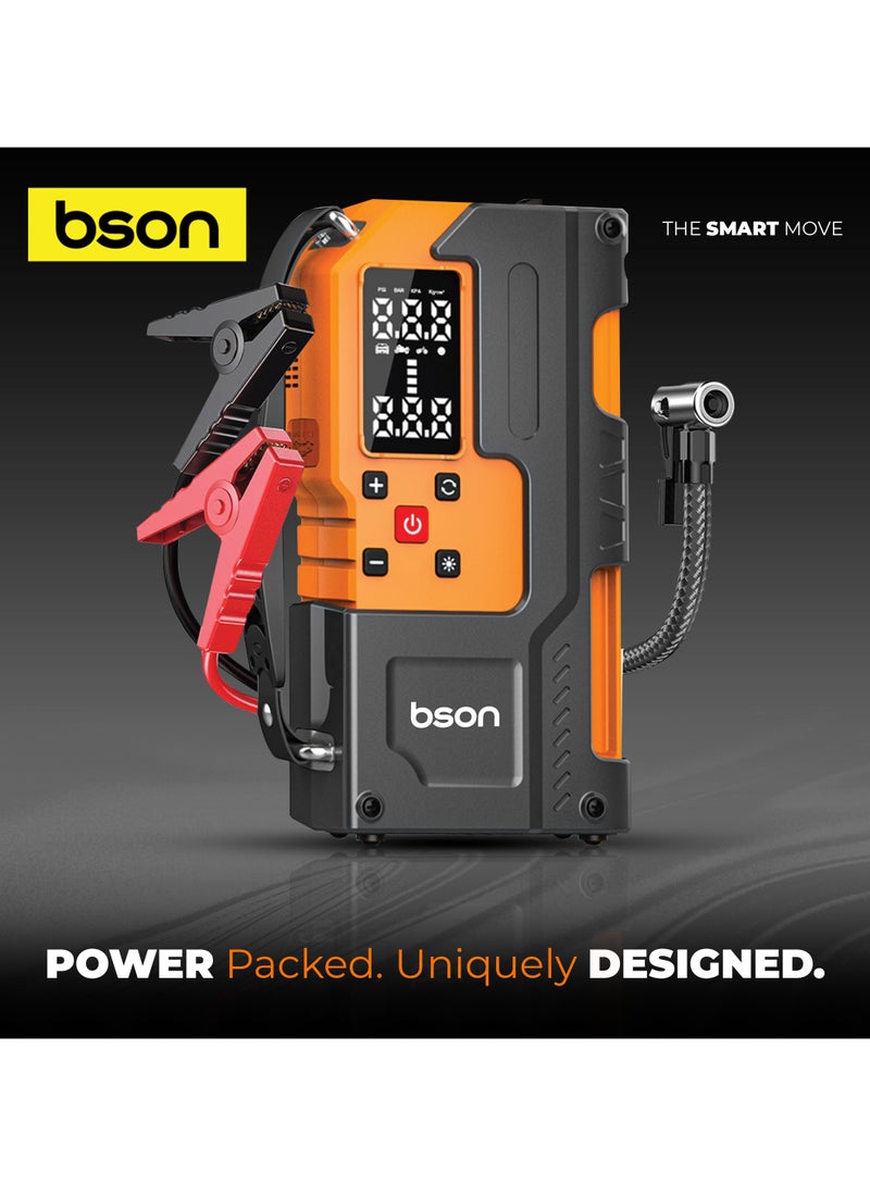 BSON Turbo Jump Starter with Air Inflator – 6-in-1 Portable Car Emergency Kit, 12000mAh Battery, 150 PSI Tire Compressor, Power Bank, LED Flashlight, Smart Safety Clips & Storage – Ideal for Cars, Outdoor, Travel - Image 3