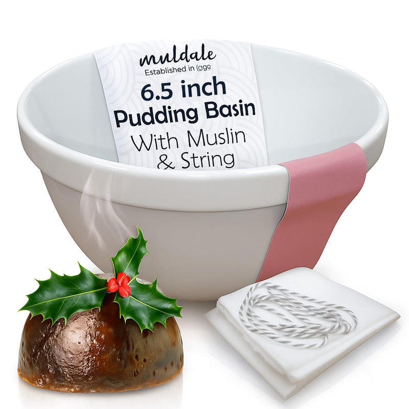 Muldale Ceramic 1 Liter Pudding Mold Christmas Pudding Basin for Steaming Ovenproof Durable White Porcelain Steamed Bowl Easy Clean 65