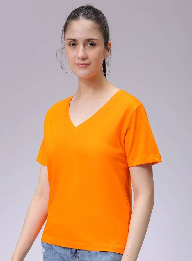 Freehand Women Regular Fit Solid V-Neck T-Shirt
