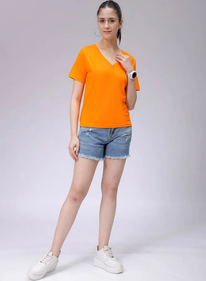 Freehand Women Regular Fit Solid V-Neck T-Shirt