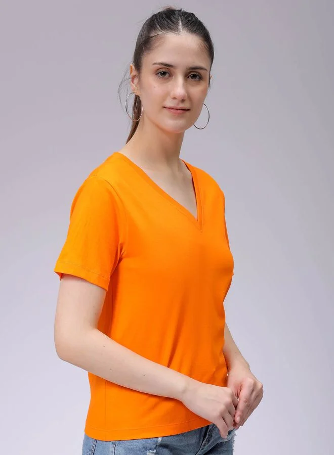Freehand Women Regular Fit Solid V-Neck T-Shirt