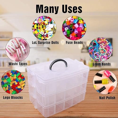 COOFANDY Craft Storage Box with Compartments, 3 Layer with 30 Sections Transparent Stackable Plastic Box Organizer with Handle, Practical Sorting Box for Crafts, Jewelry, Toy (transparent) - Image 4
