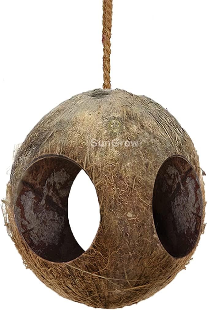 SunGrow Parakeet and Bird Toy Hut, 2.4” Hole Opening, 3-Hole Coco House, Millet Dispenser, Nesting House, 1 Piece per Pack - Image 2