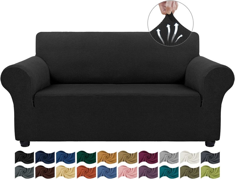 ASNOMY Sofa Covers for 2 Cushion Couch Stretch loveseat Cover Slipcovers, Pet Protector Furniture Covers for Dogs Cats Spandex Jacquard Fabric Small Checks（Medium， Black） - Image 1