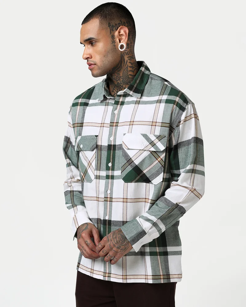 بيواكوف Men's Green & White Checked Oversized Shirt