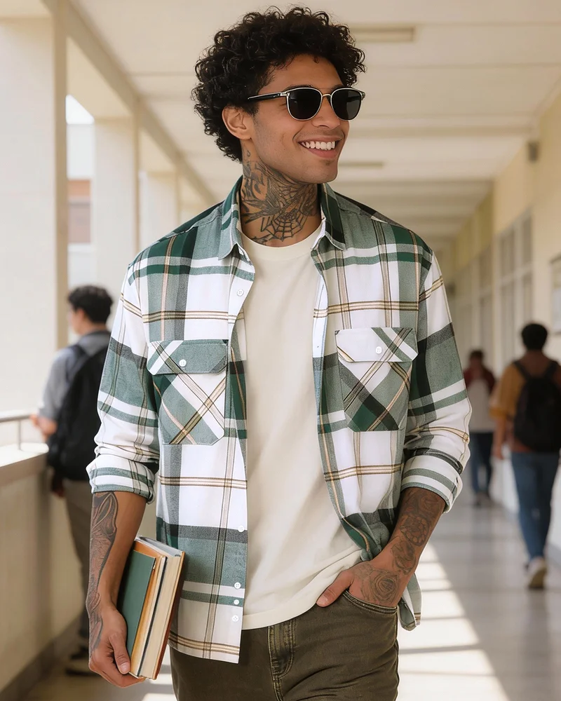 بيواكوف Men's Green & White Checked Oversized Shirt