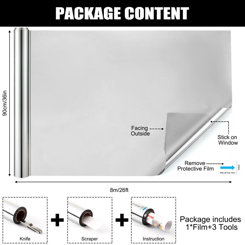 Pushglossy 36 Inch X 26 Ft One Way Window Tint Privacy Reflective Daytime Mirror Film Sun Blocking Thermal Insulated Film Heat Control Static Cling Anti UV for Home Office (Silver) - Image 2