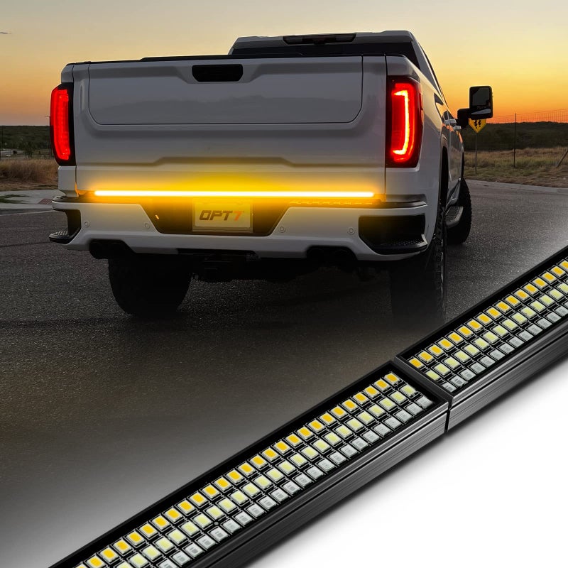 OPT7 60 Redline Parlux Triple Row LED Tailgate Light Bar wSequential Amber Turn Signal Weatherproof Rigid Aluminum Frame Light Strip for F150 RAM Silverado Full Functions Reverse Brake Running