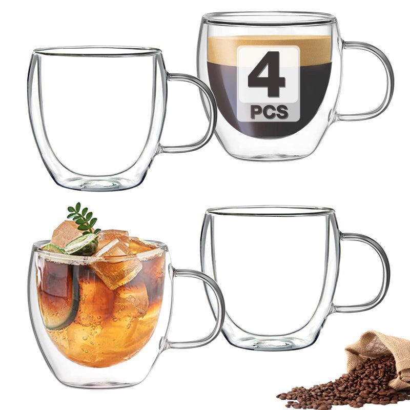 Mfacoy Double Wall Insulated Glasses Espresso Cups Set of 4 (50% Thicker), 5 oz Clear Coffee Cups with Handle, Shot Glasses, Suit for Espresso Machine, Latte, Cappuccino, Glass Coffee Mugs - Image 1