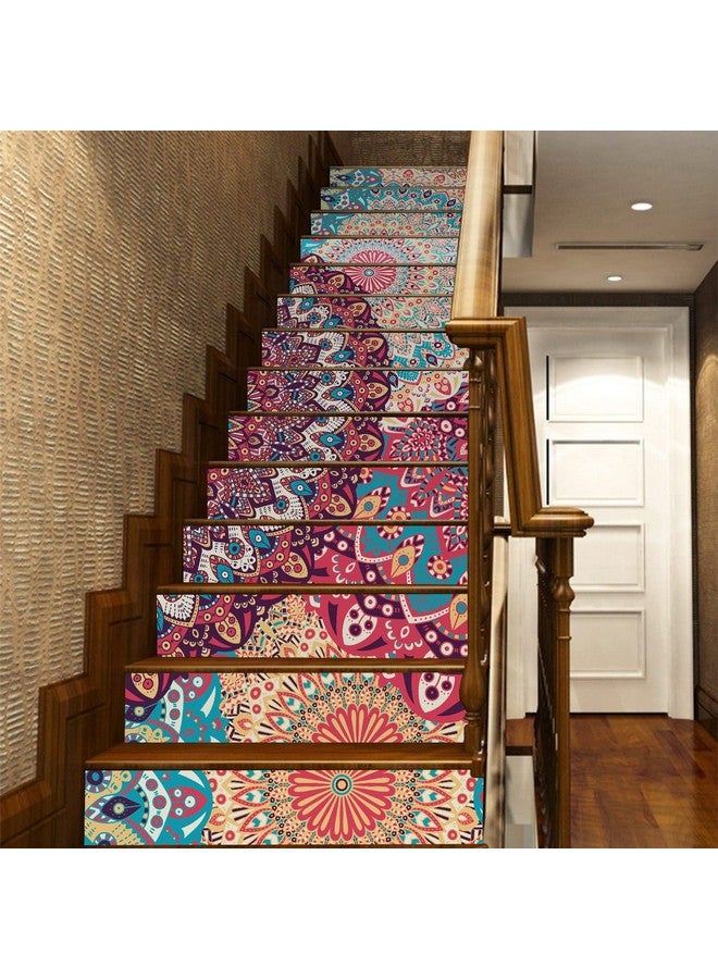 FUNLIFE 14Pcs Boho Mandala Totem Peel And Stick Stair Riser Stickers, Self Adhesive Vinyl Staircase Decals Decor For Steps, 39.37''X7.08'' Multicolor Romany Floral - Image 1