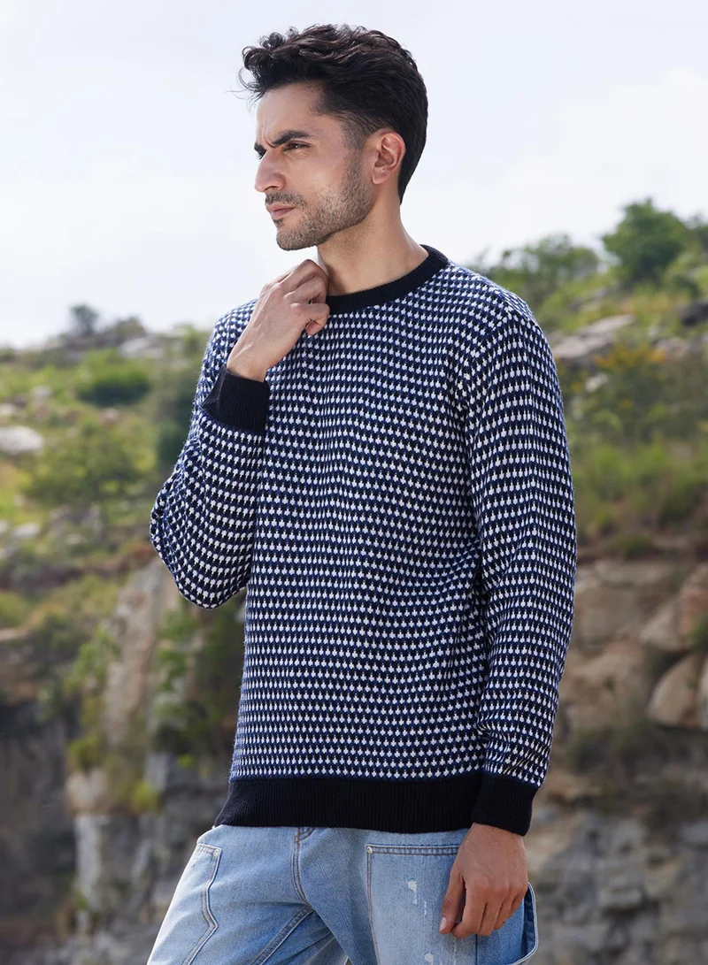 Campus Sutra Men's Black & White Contrast Textured Knit Sweater
