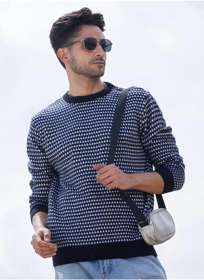 Campus Sutra Men's Black & White Contrast Textured Knit Sweater